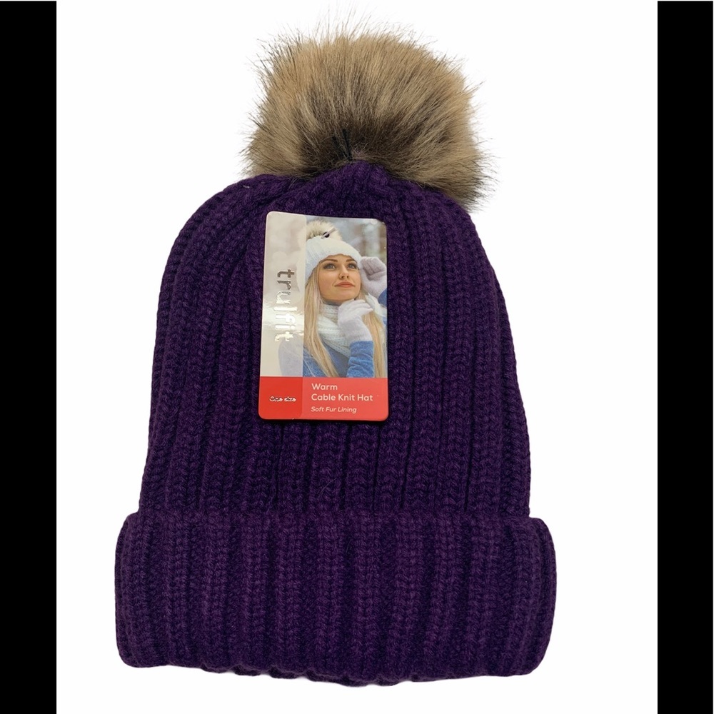 Tru Fit Cable Knit Hat Faux Fur Lined Beanie Soft Cozy Winter Hat NWT